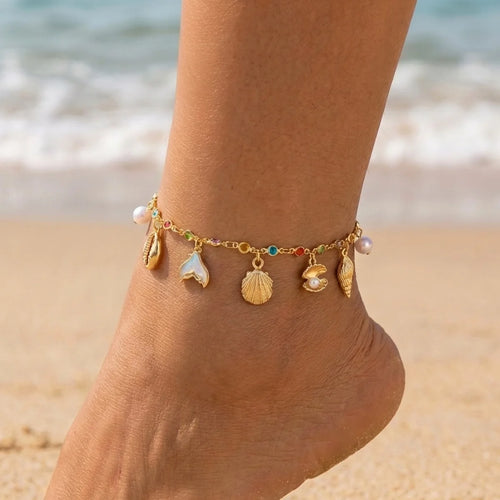 Boho Shell Fishtail Conch Imitation Pearl Colorful Rhinestone Chain Anklet For Women Men Ocean Beach Foot Chain Summer Jewelry
