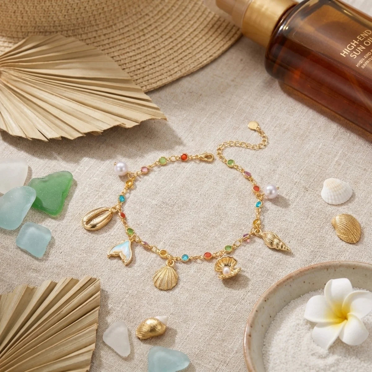 Boho Shell Fishtail Conch Imitation Pearl Colorful Rhinestone Chain Anklet For Women Men Ocean Beach Foot Chain Summer Jewelry